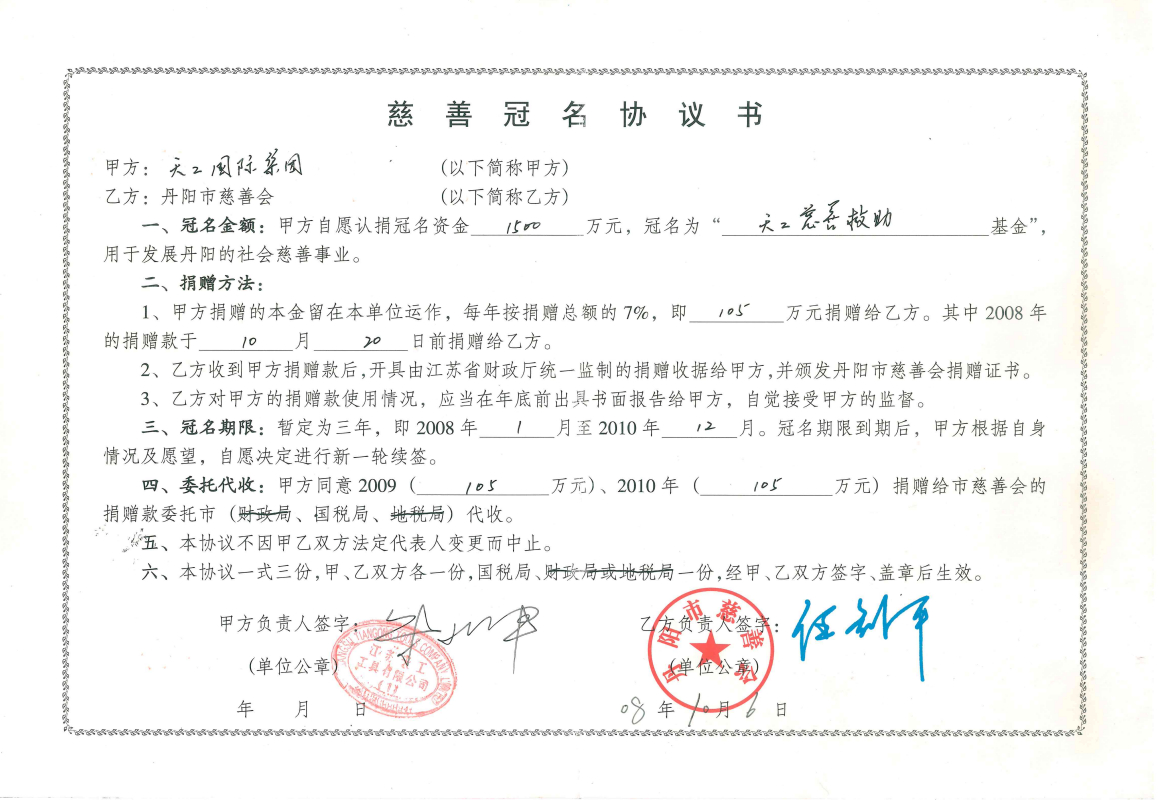 2008年市级壹号国际慈善冠名协议